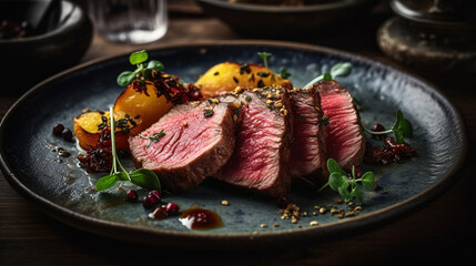 steak grilled medium rare with fresh ingredients well flavor on beautiful plate, served on restaurant table background for meals, dinner,  lunch for delicious food theme