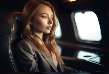 Fototapeta na wymiar Beautiful young caucasian businesswoman traveling by private jet in business trip. AI generative