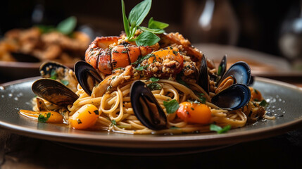 pasta with fresh seafood ingredients well flavor and beautiful plate, served on restaurant table background for meals, dinner,  lunch for delicious food theme