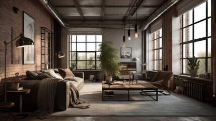 Fototapeta na wymiar Interior of a Industrial Style Living Room with Modern Furniture