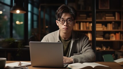 A young male student of Asian appearance sits at a table with a laptop, online learning, reading electronic literature, writing student assignments. Banner with place for text.Generative AI