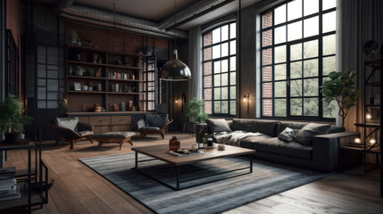 Interior of a Industrial Style Living Room with Modern Furniture