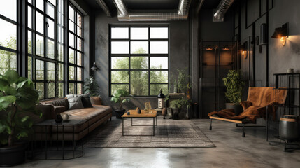 Interior of a Industrial Style Living Room with Modern Furniture