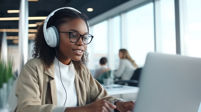 Young african-american woman in headphones sits at a table, typing text on a laptop in the office. Remote work, communication in social networks, operator. Banner with place for text.Generative AI