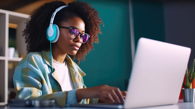 A African-American woman in headphones and glasses sits at a table, typing text on a laptop. Remote work, communication in social networks, online training. Banner with place for text.Generative AI