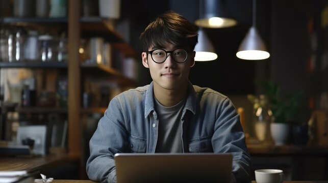 A young Asian man sits at a table with a laptop, online education, crypto exchange, IT specialist, freelancer. Generative AI