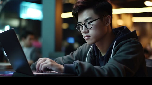 A young Asian man sits at a table with a laptop, online education, crypto exchange, IT specialist. Banner with place for text.Generative AI