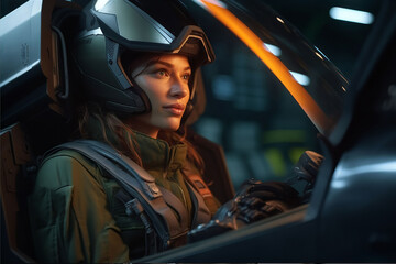 Astronaut woman in cockpit of spaceship. Future sci-fi, science fiction. AI generative © vladdeep