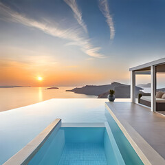 Fototapeta na wymiar A view of a pool with a view of the sea and a sunset in the background