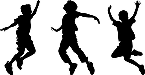 set of silhouettes of children boys jumping high happily