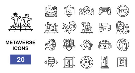 Metaverse line icons set. Contains such icons as virtual reality, futuristic car, game, artificial intelligence. Vector illustration