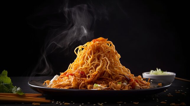 Generative AI fried noodle with egg vegetable food Photography