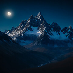 snow-covered mountains at night with moon