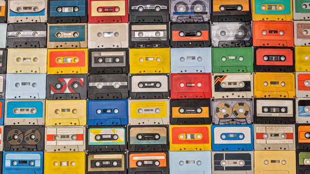 Collection Old retro music cassette placed in rows