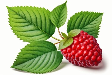 raspberries with leaves isolated on white background. generative ai