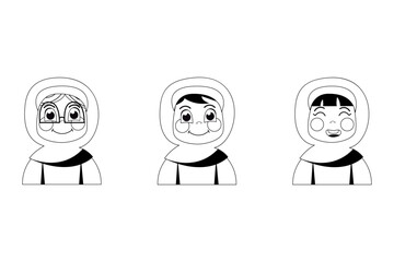 Obraz na płótnie Canvas Set of black and white avatars of cartoon children girls Muslim hijab