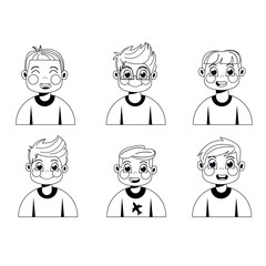 Set of avatars of cartoon children boys black and white