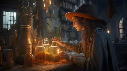 Stunningly beautiful witch engrossed in the art of potion-making made with Generative AI