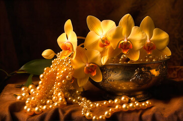 orchids and pearls on a golden background photo