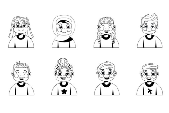 Set of black and white avatars of cartoon children girls, boys