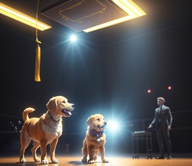 golden retriever and puppy on a stage created with Generative AI technology,