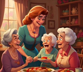 three old women and one middle aged chatting around the table, created with Generative AI technology,