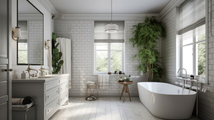 Naklejka na ściany i meble Interior of a Transitional Style Bathroom with Light Tiles