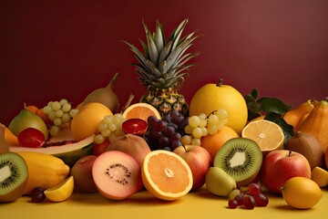 Fruits on a lighting background. Generative AI.
