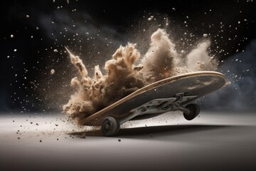Skateboard with the sand splashes on black. Generative AI.