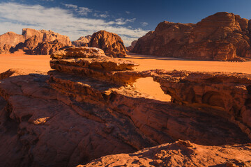 Amazing and spectacular landscapes of Wadi Rum desert in Jordan. Dunes, rocks are all Beautiful weather gives the climate to this place.