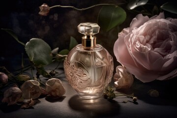Obraz na płótnie Canvas Bottle of perfume with flowers. Generative AI.