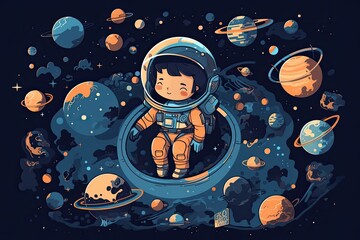 Cute illustration astronaut character in space with planets. Generative AI.