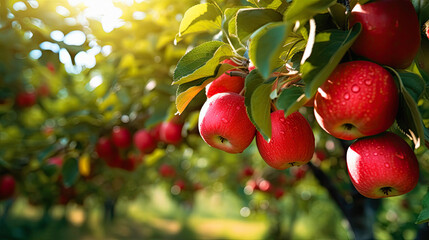 Red apple, orchard background, autumn harvest, ai generative - obrazy, fototapety, plakaty