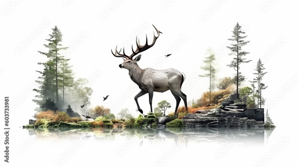 Poster deer in the forest with big horns.generative ai