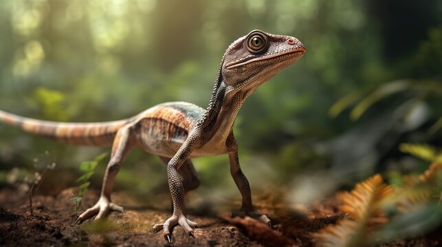 Compsognathus longipes in the forest, a dinosaur of the late Jurassic period..Generative AI