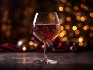 Foto op Plexiglas A glass of champagne with the illuminated bokeh background. Romantic in Christmas theme on the wood table © Zuyu