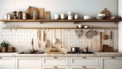 a kitchen on a white tiled wall with decorative items on top