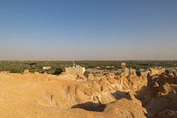 Sunset views across over the oasis town of Al Hasa from Al Qarah hills, Saudi Arabia
