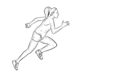 Hand Drawn Sport Concept Vector Design Retro Vintage Style hand drawn marathon runner with sport shoes Sport and Health Concept Pencil Sketch. Global Running Day Illustration Doodle Style woman Jogger