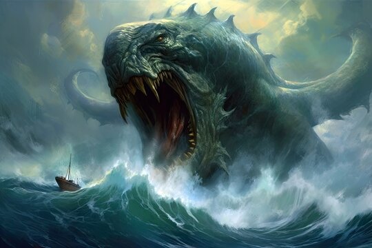 fantasy leviathan surges, its massive form causing waves to tremble, fantasy monster, Generative AI