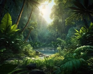 A fantasy forest with dense vegetation and sunlight beams. (Generative AI)