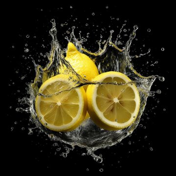Lemon slices splashing in water. AI