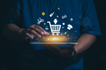 Hand holding virtual info graphics with trolley cart icons , Technology online shopping business...