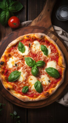 A Pizza Margherita on a Rustic Wooden Table