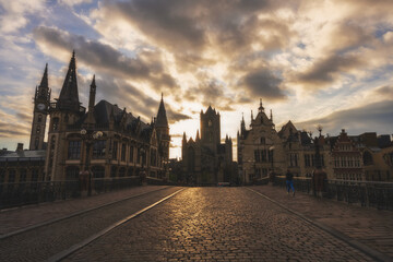 Fototapeta na wymiar The center of Ghent, the most beautiful castle of Europe with a sunrise