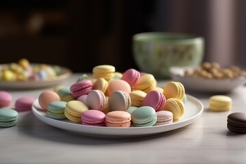 Generative AI Photo realistic a lot of macaroon on plate sweet desert food Photography 