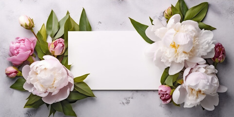 Blank white card in the center, surrounded by rose and magnolia petals, white background top view, AI Generated