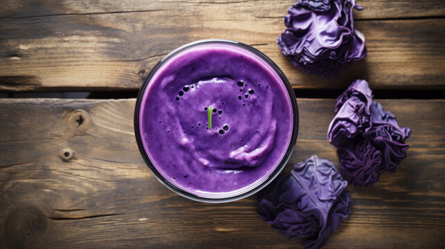 A Fresh Purple Cabbage Smoothie on a Rustic Table