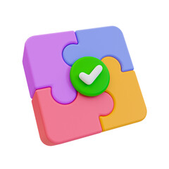 3d minimal jigsaw solved. problem-solving. teamwork collaboration concept. jigsaw puzzle connecting together with checkmark. 3d illustration.