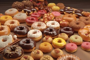Fototapeta na wymiar Generative AI Photo realistic a lot of mix doughnut more topping sweet food Photography 